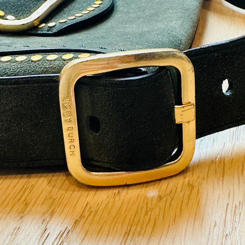 Tory Burch Sawyer Small Suede Shoulder Bag Green Gold Stud Buckle Purse - Picture 6 of 11